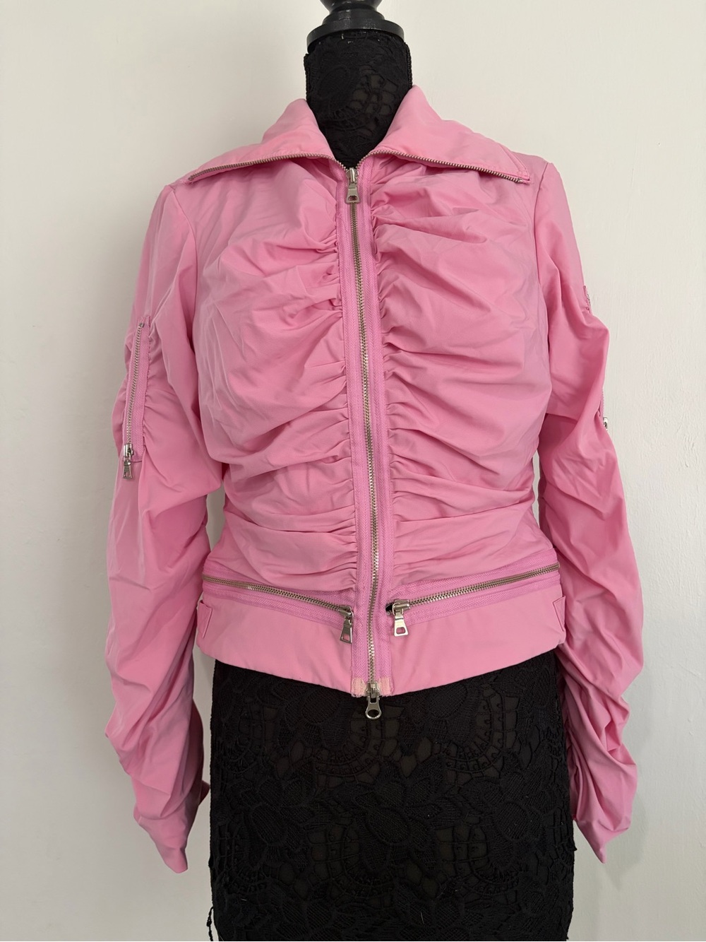 Cache Pink Ruched Zip Bomber Jacket